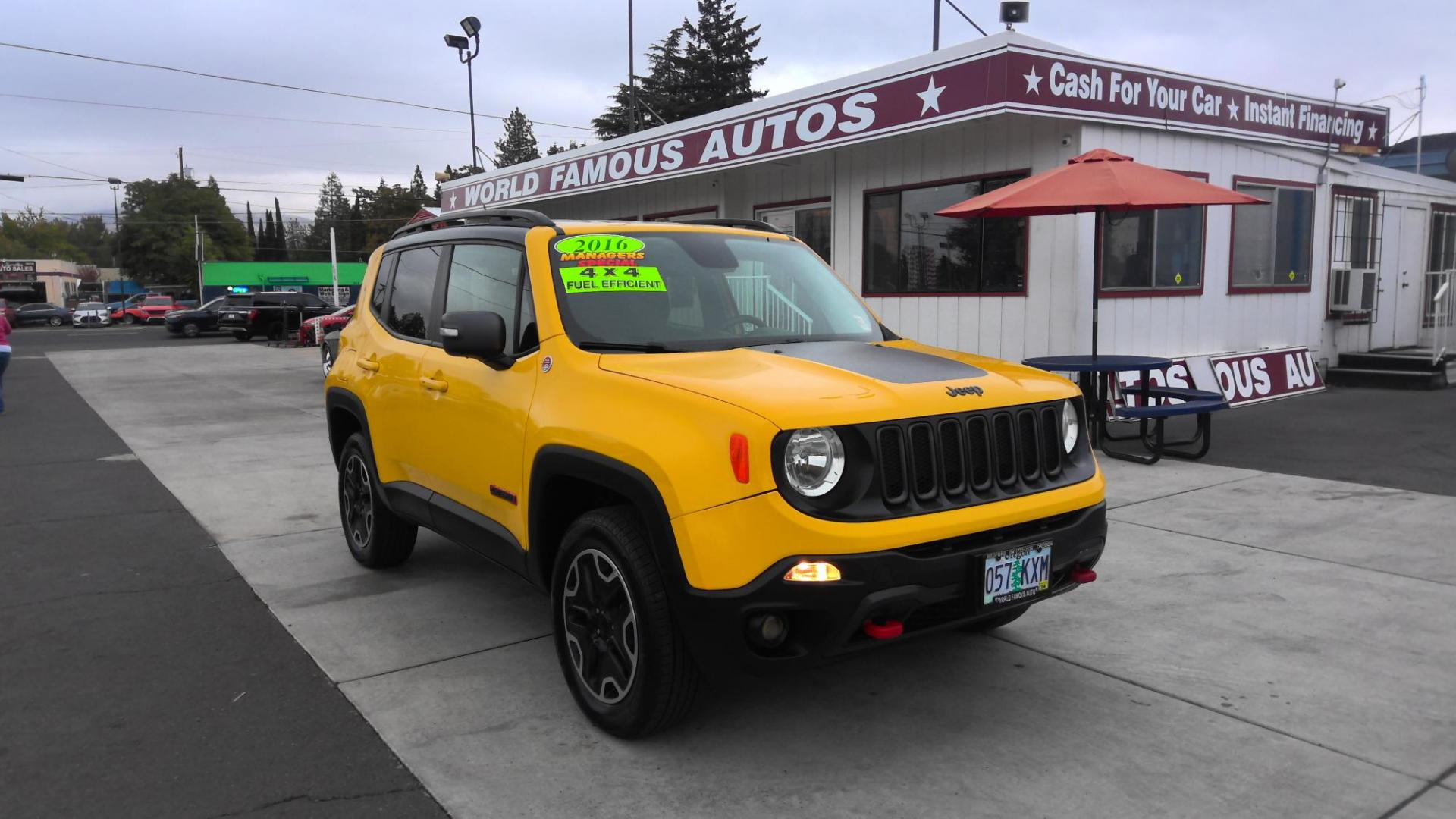 2016 YELLOW Jeep Renegade Trailhawk (ZACCJBCT4GP) with an 2.4L L4 DOHC 16V engine, 9A transmission, located at 502 S. Riverside Avenue, Medford, OR, 97501, (541) 773-3136, 42.322803, -122.867477 - Photo#0