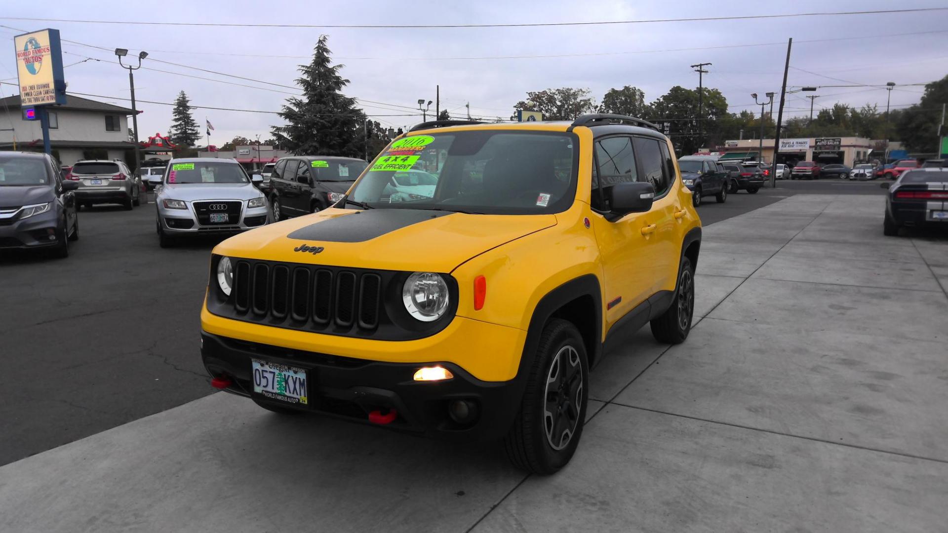 2016 YELLOW Jeep Renegade Trailhawk (ZACCJBCT4GP) with an 2.4L L4 DOHC 16V engine, 9A transmission, located at 502 S. Riverside Avenue, Medford, OR, 97501, (541) 773-3136, 42.322803, -122.867477 - Photo#1